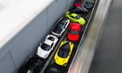 Row of exotic cars tightly parked together